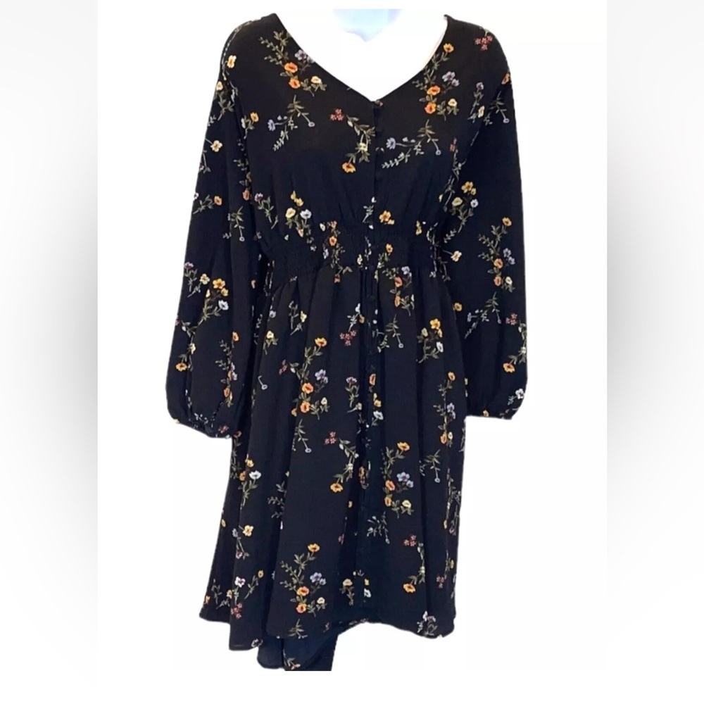 Always Indigo Floral Boho Dress 2X Black Smocked Waist Button Front Fall Midi - Picture 5 of 9